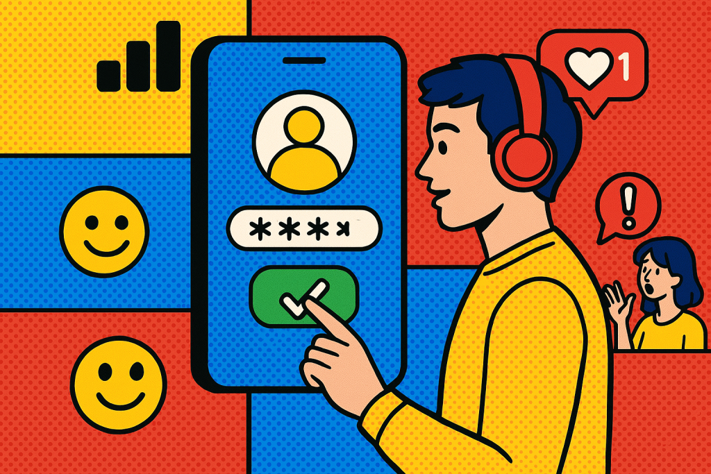 Illustration of user verifying login on app in a mobile signal icons setting, with a creative mood.