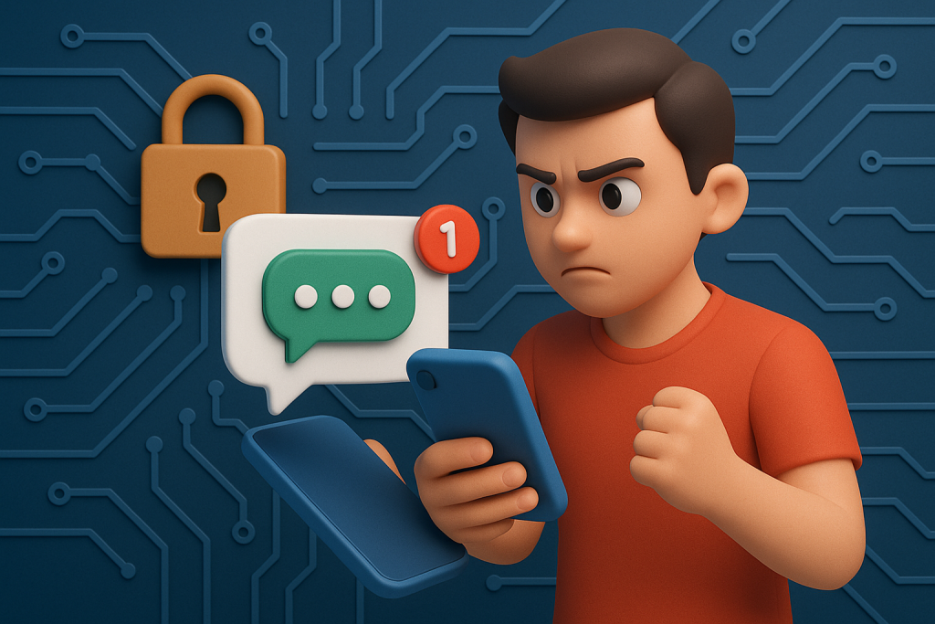 Illustration of sms notification popping up in a locked circuit board design setting, with a determined mood.