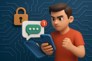 Illustration of sms notification popping up in a locked circuit board design setting, with a determined mood.