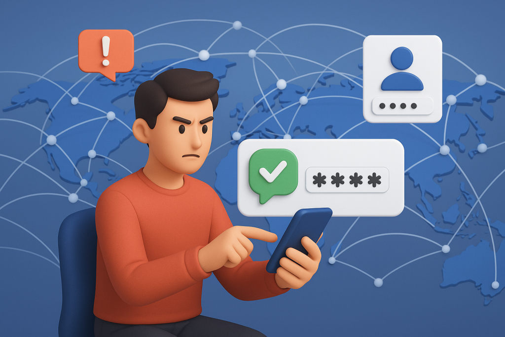 Illustration of sms api integration diagram in a global map with connection nodes setting, with a determined mood.