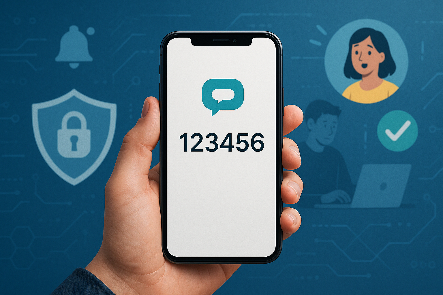 Illustration of hand holding smartphone with otp code in a abstract cybersecurity pattern setting, with a creative mood.