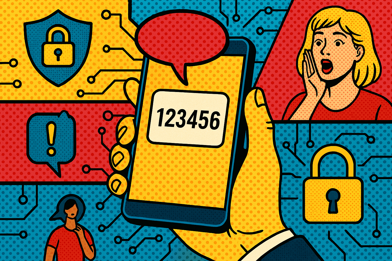 Illustration of hand holding smartphone with otp code in a abstract cybersecurity pattern setting, with a inspired mood.