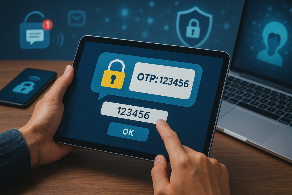 Illustration of otp message displayed on tablet in a secure sms transmission visual setting, with a focused mood.