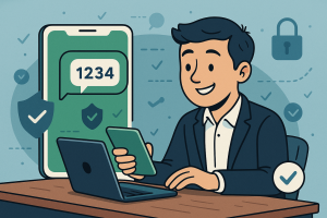 Illustration of sms notification popping up in a secure sms transmission visual setting, with a relaxed mood.