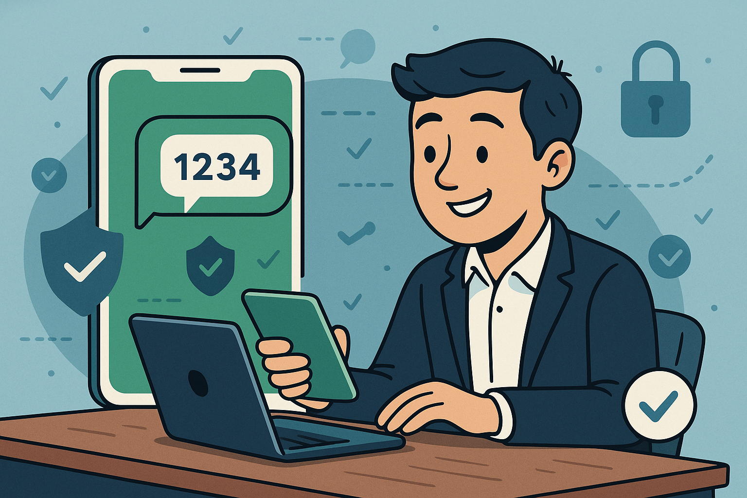 Illustration of sms notification popping up in a secure sms transmission visual setting, with a relaxed mood.