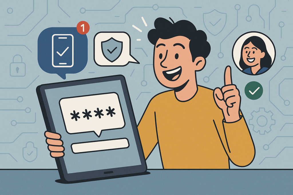 Illustration of otp message displayed on tablet in a abstract cybersecurity pattern setting, with a inspired mood.