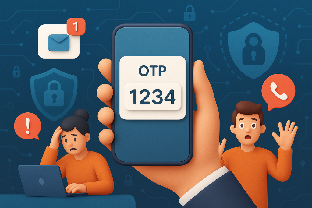 Illustration of hand holding smartphone with otp code in a abstract cybersecurity pattern setting, with a determined mood.