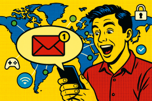 Illustration of sms notification popping up in a global map with connection nodes setting, with a inspired mood.