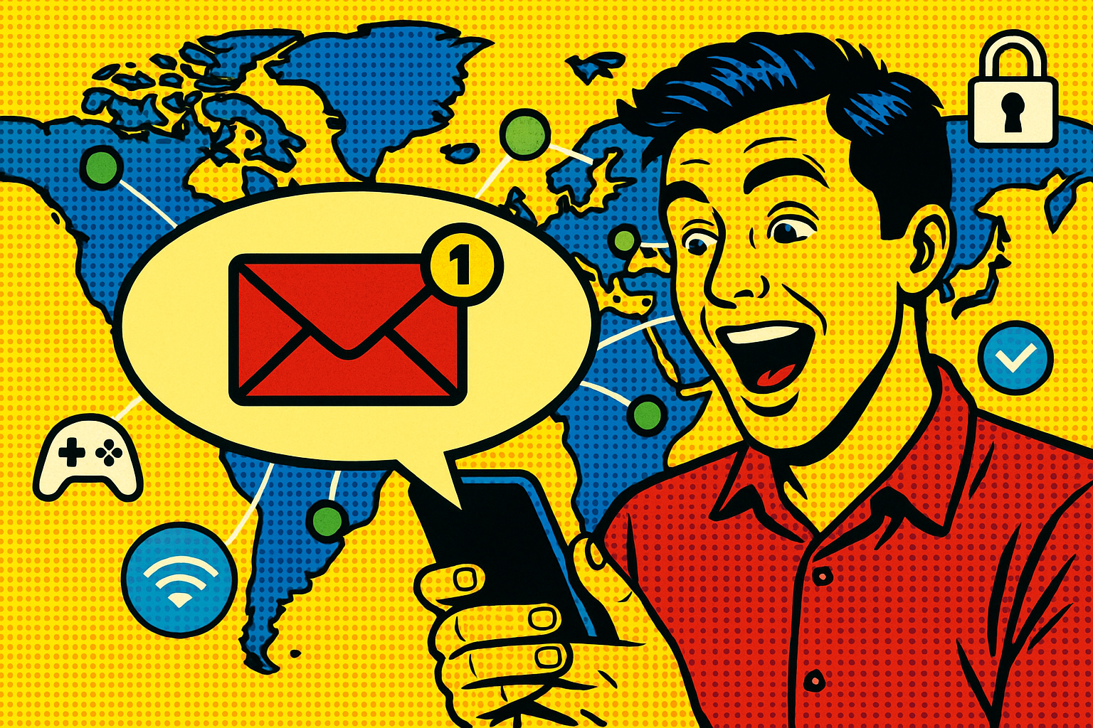 Illustration of sms notification popping up in a global map with connection nodes setting, with a inspired mood.