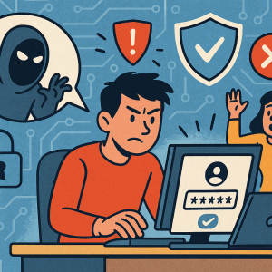 Illustration of developer working at computer screen in a abstract cybersecurity pattern setting, with a determined mood.