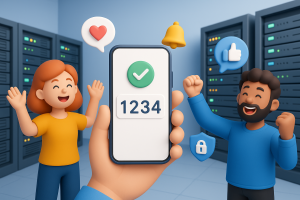 Illustration of hand holding smartphone with otp code in a data center interior setting, with a happy mood.