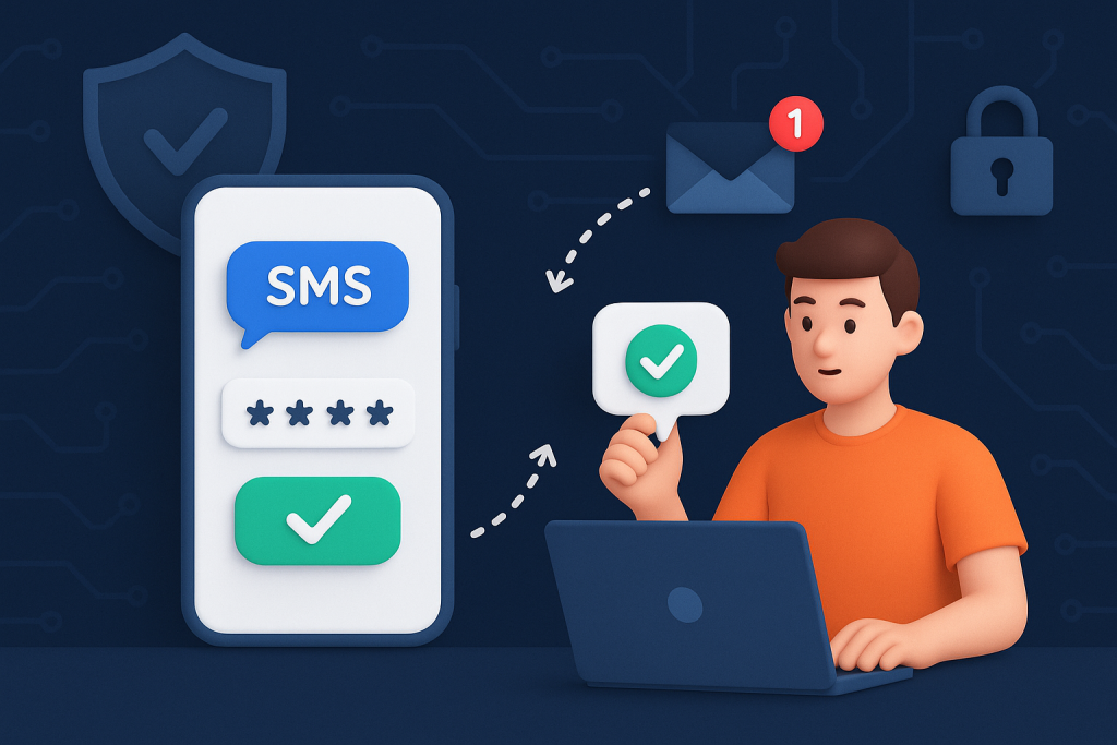 Illustration of sms api integration diagram in a abstract cybersecurity pattern setting, with a determined mood.