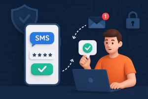 Illustration of sms api integration diagram in a abstract cybersecurity pattern setting, with a determined mood.