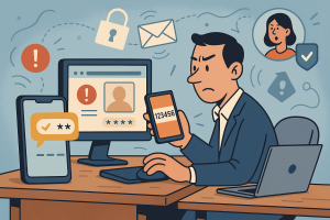 Illustration of multi-device setup receiving otp in a secure sms transmission visual setting, with a focused mood.