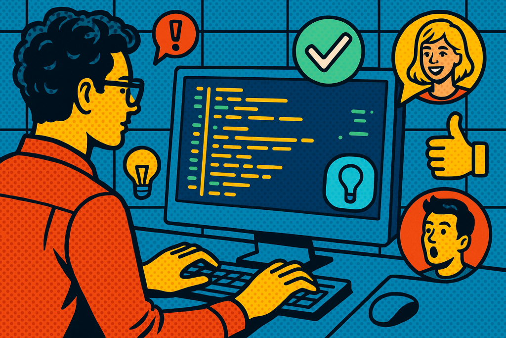 Illustration of developer working at computer screen in a digital interface grid setting, with a creative mood.
