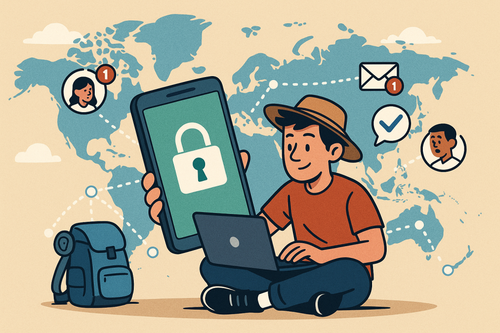 Illustration of secure lock symbol on mobile in a global map with connection nodes setting, with a focused mood.