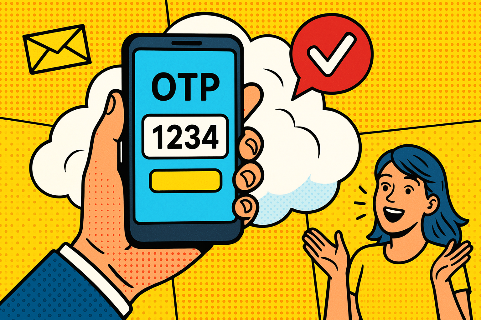 Illustration of hand holding smartphone with otp code in a cloud technology overlay setting, with a inspired mood.