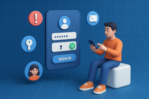Illustration of user verifying login on app in a digital interface grid setting, with a relaxed mood.