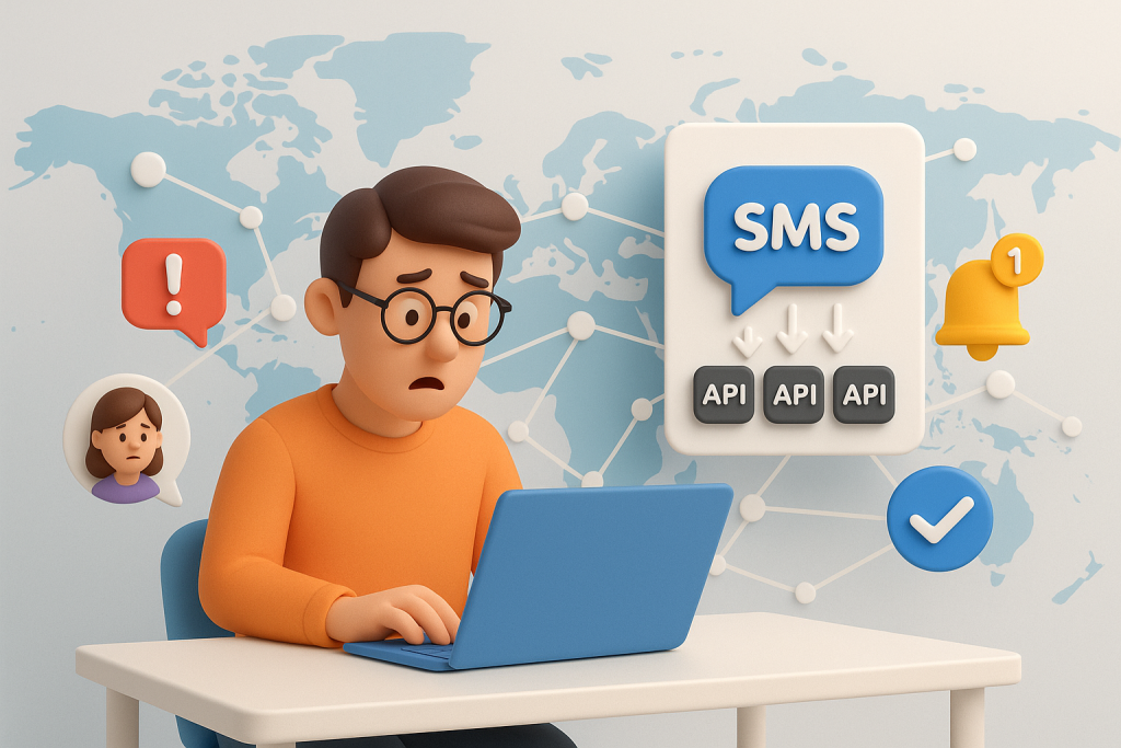 Illustration of sms api integration diagram in a global map with connection nodes setting, with a creative mood.