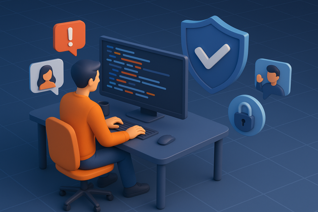 Illustration of developer working at computer screen in a digital interface grid setting, with a focused mood.