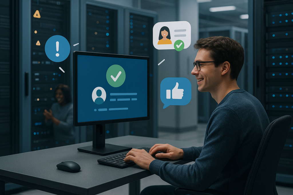 Illustration of developer working at computer screen in a data center interior setting, with a inspired mood.