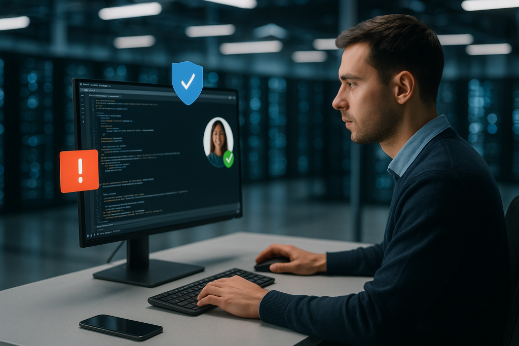 Illustration of developer working at computer screen in a data center interior setting, with a creative mood.