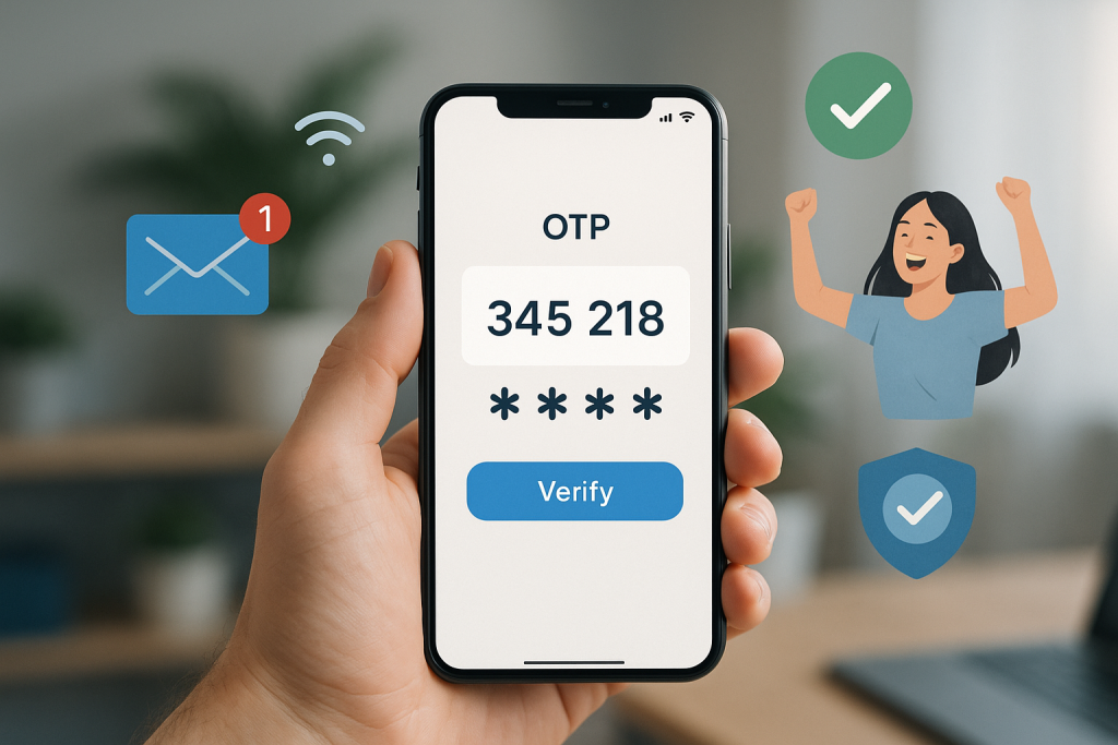 Illustration of hand holding smartphone with otp code in a mobile signal icons setting, with a inspired mood.