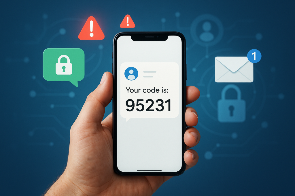 Illustration of hand holding smartphone with otp code in a secure sms transmission visual setting, with a inspired mood.
