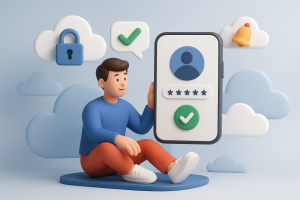 Illustration of user verifying login on app in a cloud technology overlay setting, with a relaxed mood.