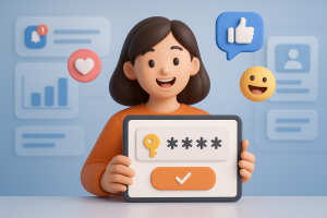 Illustration of otp message displayed on tablet in a dashboard screen blur setting, with a happy mood.