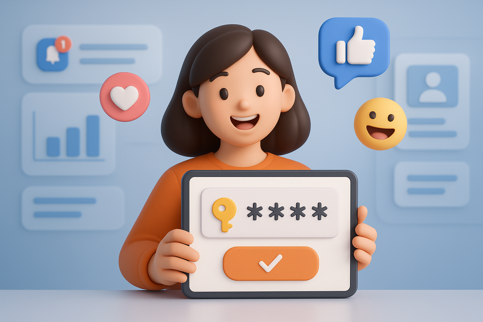 Illustration of otp message displayed on tablet in a dashboard screen blur setting, with a happy mood.