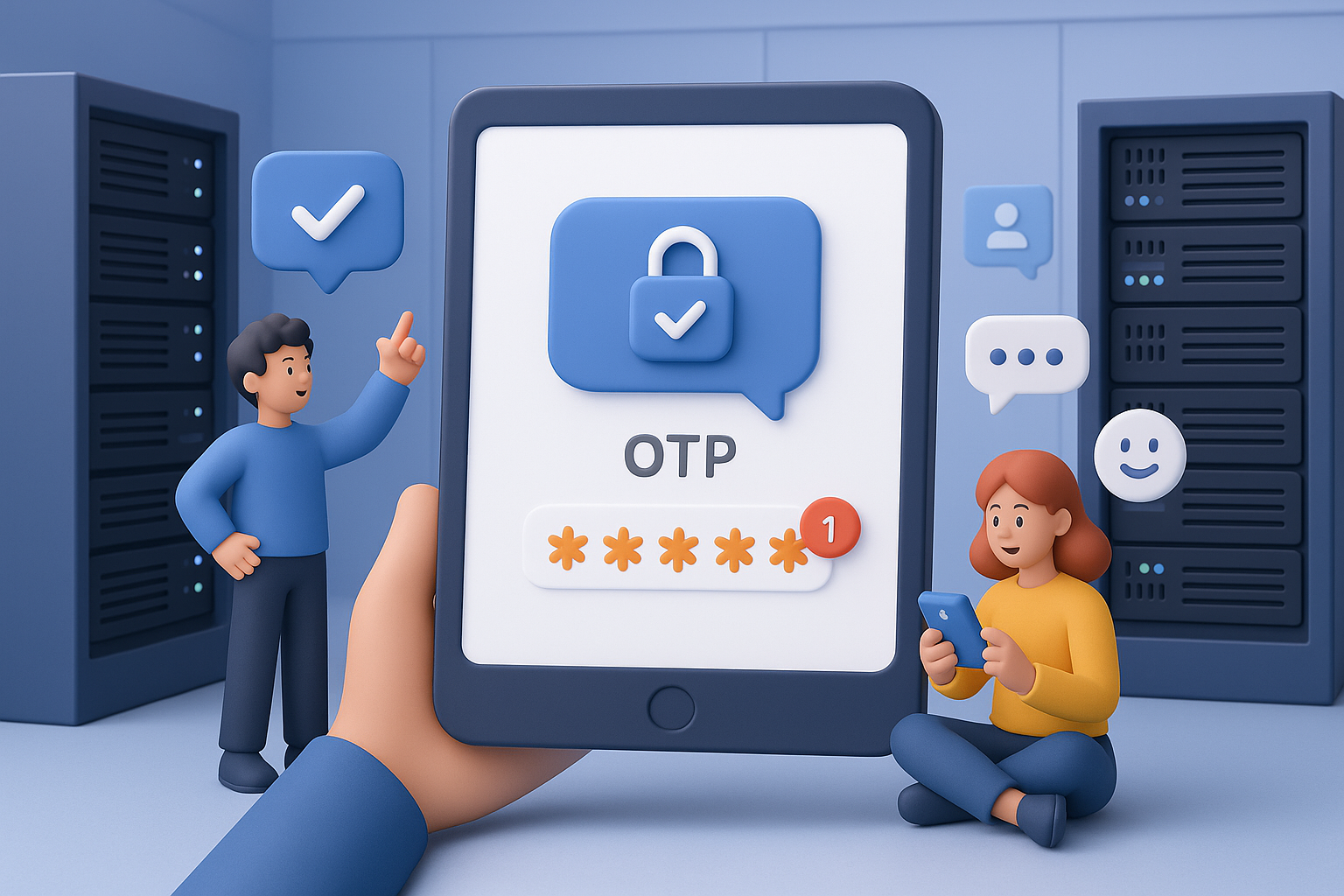 Illustration of otp message displayed on tablet in a data center interior setting, with a creative mood.