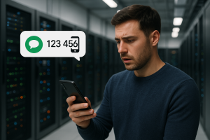 Illustration of sms notification popping up in a data center interior setting, with a focused mood.