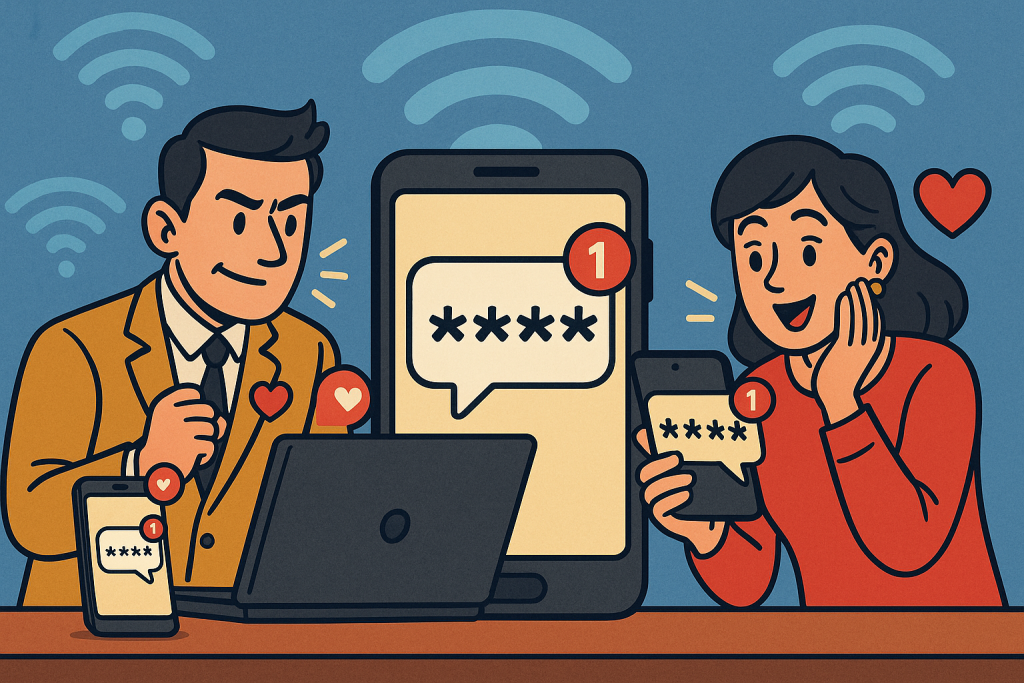 Illustration of multi-device setup receiving otp in a mobile signal icons setting, with a determined mood.