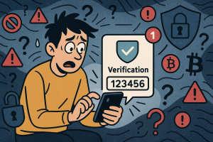Illustration of sms notification popping up in a abstract cybersecurity pattern setting, with a focused mood.