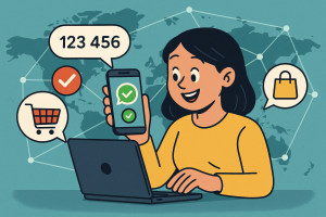 Illustration of sms notification popping up in a global map with connection nodes setting, with a happy mood.