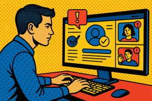 Illustration of developer working at computer screen in a dashboard screen blur setting, with a determined mood.