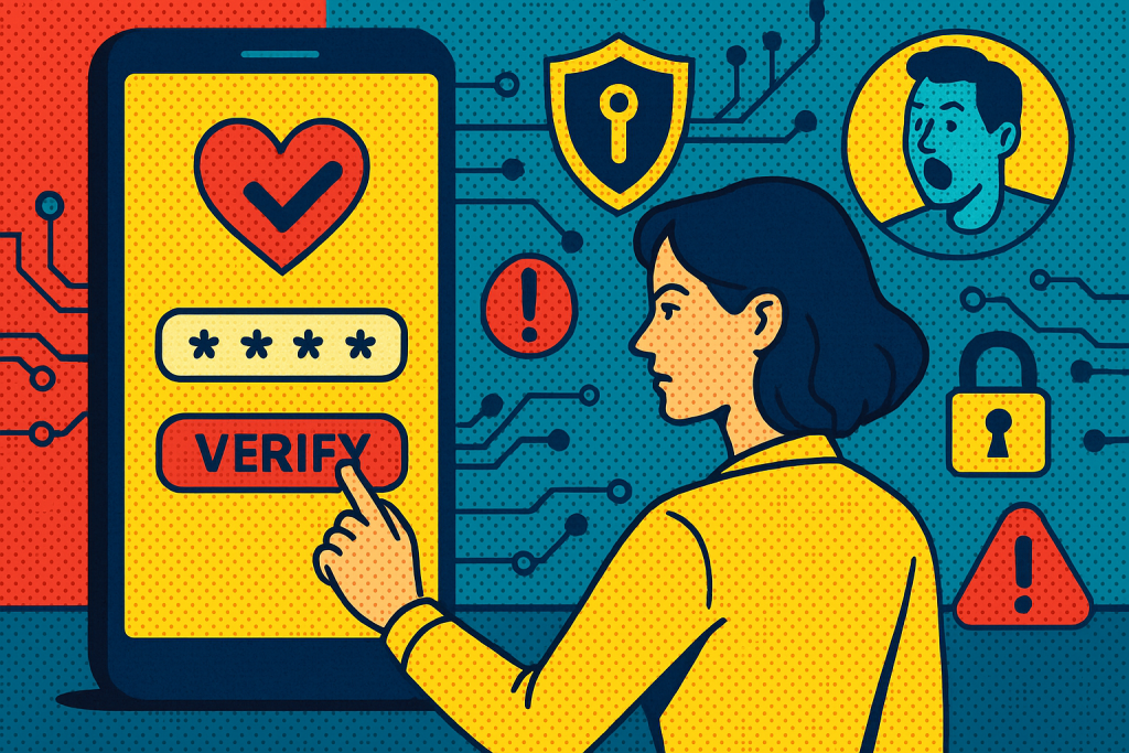 Illustration of user verifying login on app in a abstract cybersecurity pattern setting, with a determined mood.
