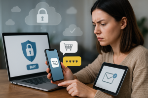 Illustration of multi-device setup receiving otp in a cloud technology overlay setting, with a focused mood.