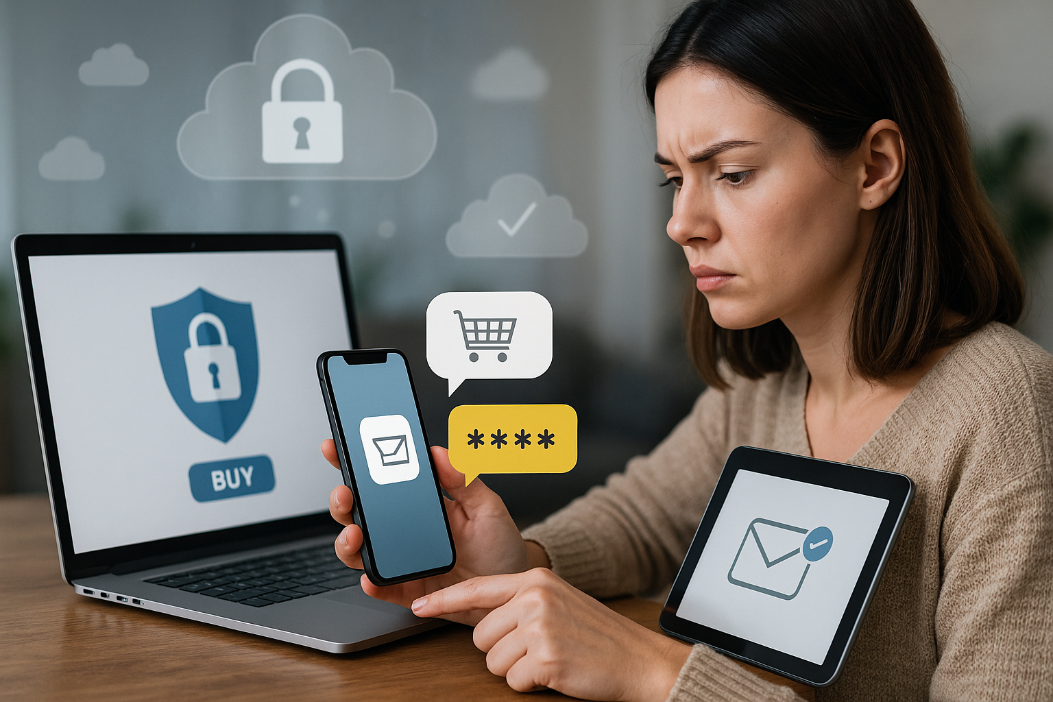 Illustration of multi-device setup receiving otp in a cloud technology overlay setting, with a focused mood.