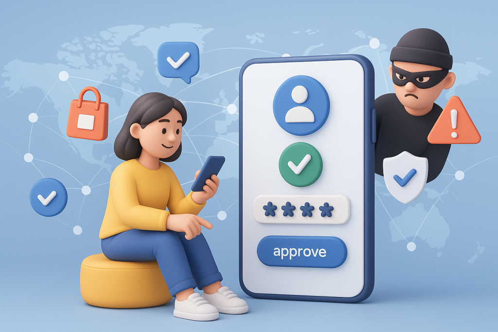 Illustration of user verifying login on app in a global map with connection nodes setting, with a relaxed mood.