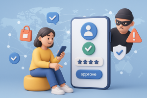 Illustration of user verifying login on app in a global map with connection nodes setting, with a relaxed mood.