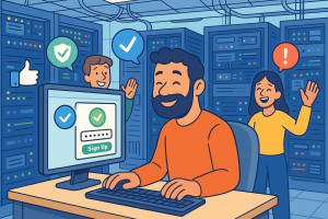 Illustration of developer working at computer screen in a data center interior setting, with a happy mood.