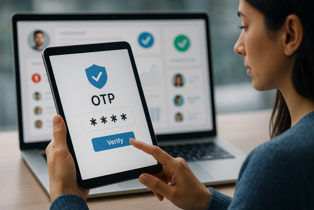 Illustration of otp message displayed on tablet in a dashboard screen blur setting, with a determined mood.