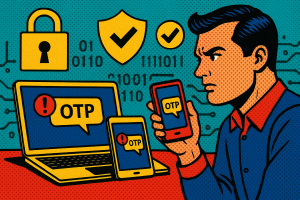 Illustration of multi-device setup receiving otp in a abstract cybersecurity pattern setting, with a determined mood.
