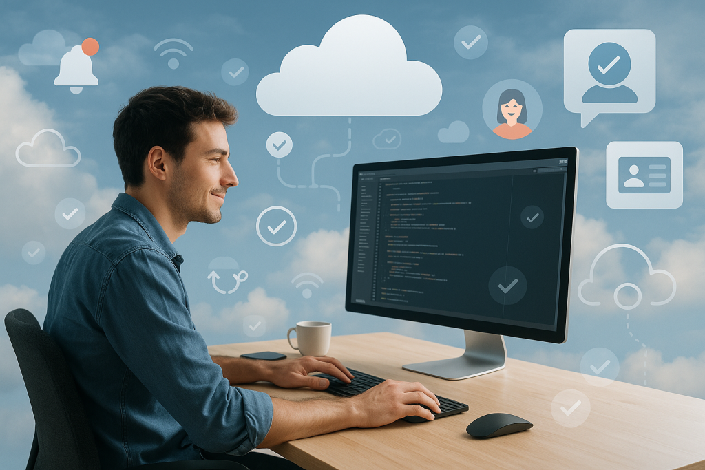 Illustration of developer working at computer screen in a cloud technology overlay setting, with a relaxed mood.