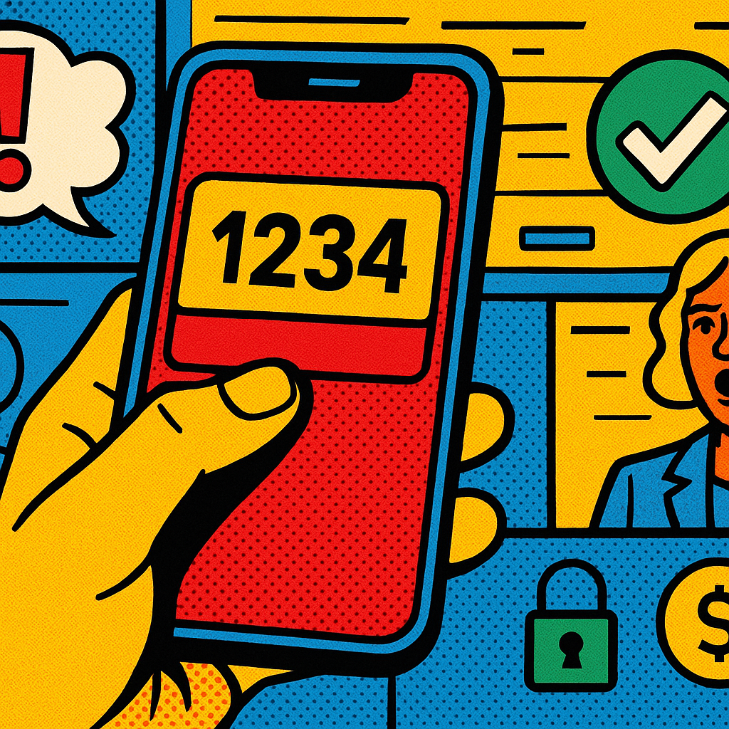 Illustration of hand holding smartphone with otp code in a dashboard screen blur setting, with a determined mood.
