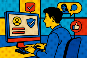 Illustration of developer working at computer screen in a digital interface grid setting, with a inspired mood.