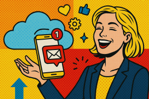 Illustration of sms notification popping up in a cloud technology overlay setting, with a happy mood.