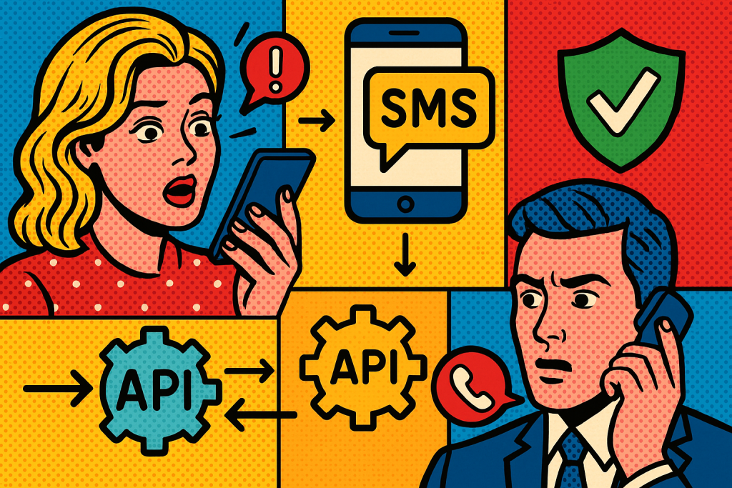 Illustration of sms api integration diagram in a secure sms transmission visual setting, with a creative mood.